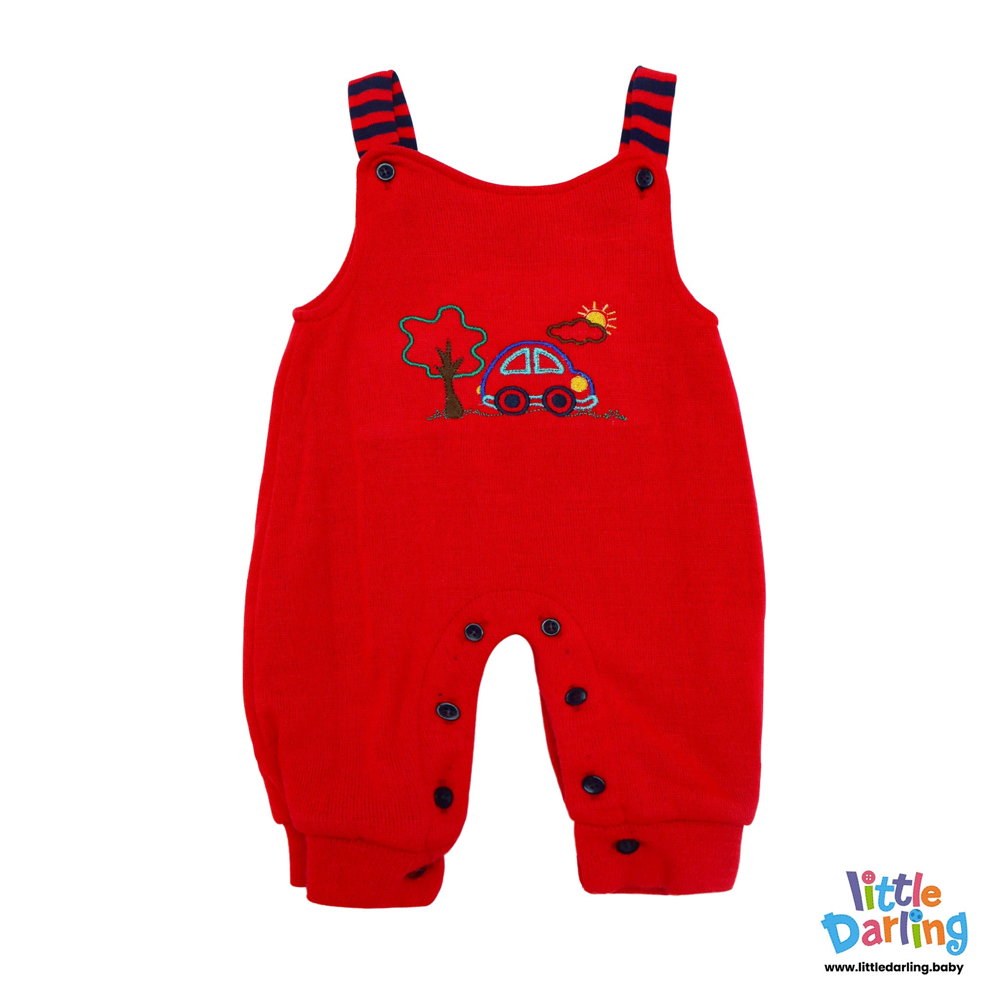 Woolen Jumpsuit Car Embroidery Red Color by Little Darling