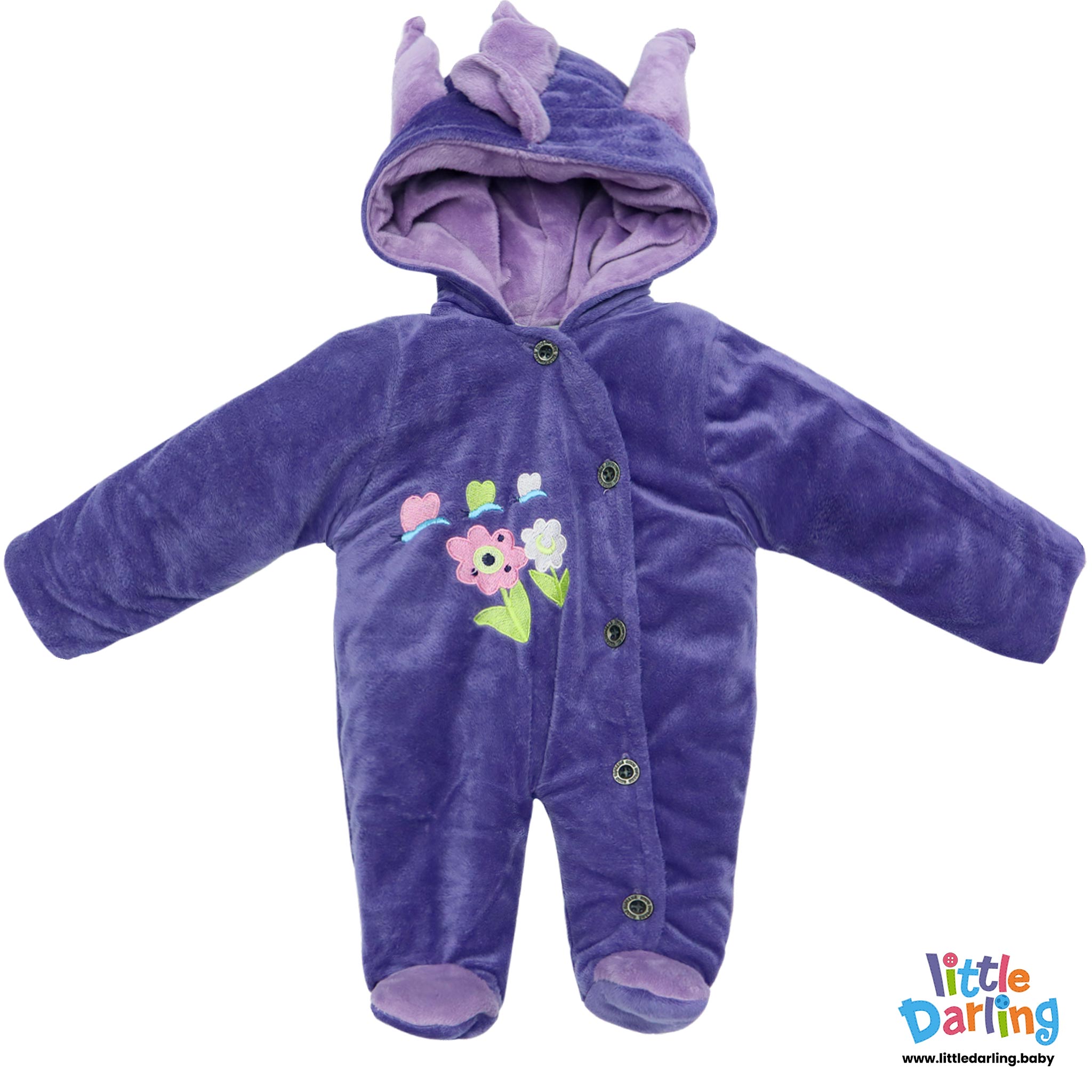 Hooded Velour Romper Flower Embroidery Purple Color By Little Darling