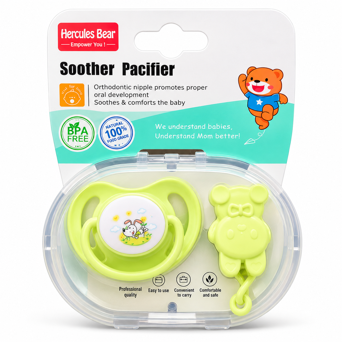 Hercules Bear Green Baby Pacifier with Case