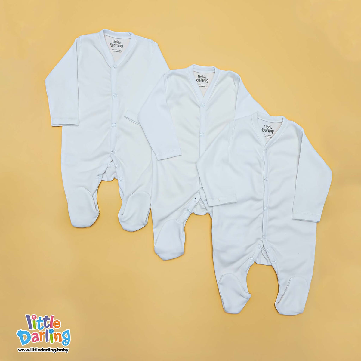 Little Darling Baby Sleepsuit Set: Three cozy sleepsuits stacked on an orange background, showcasing unmatched comfort and warmth for your little one.