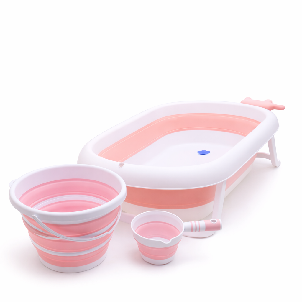 Foldable Baby Bath Tub Set with Bucket Mug & Scoop Pink