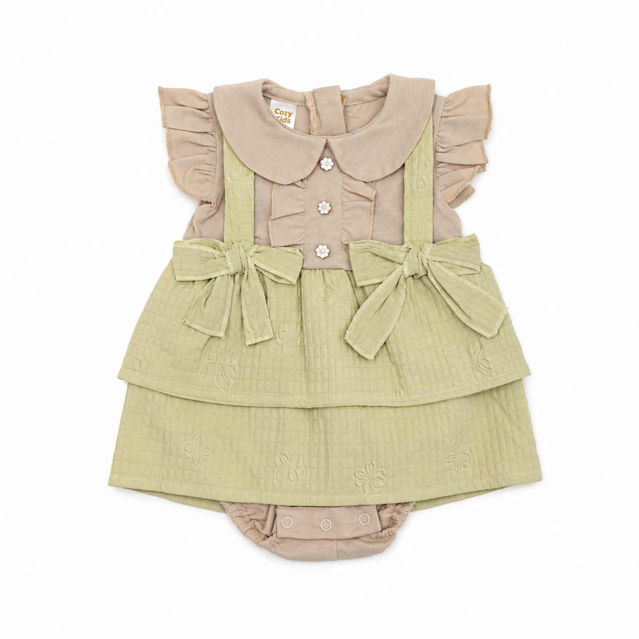 Baby Girls Beige & Olive Bow Dress Romper Set
