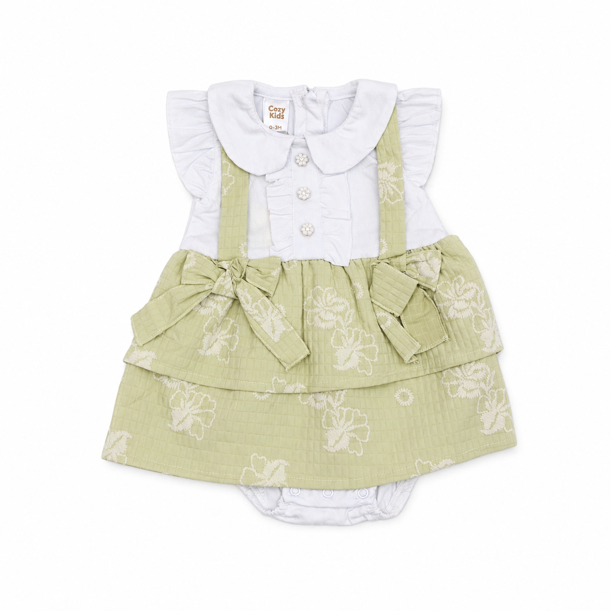 Baby Girls White & Olive Floral Dress Romper Set