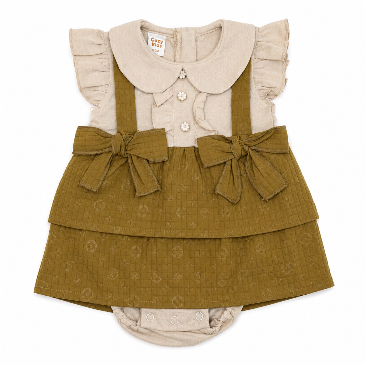 Baby Girls Beige & Mustard Bow Dress Romper Set