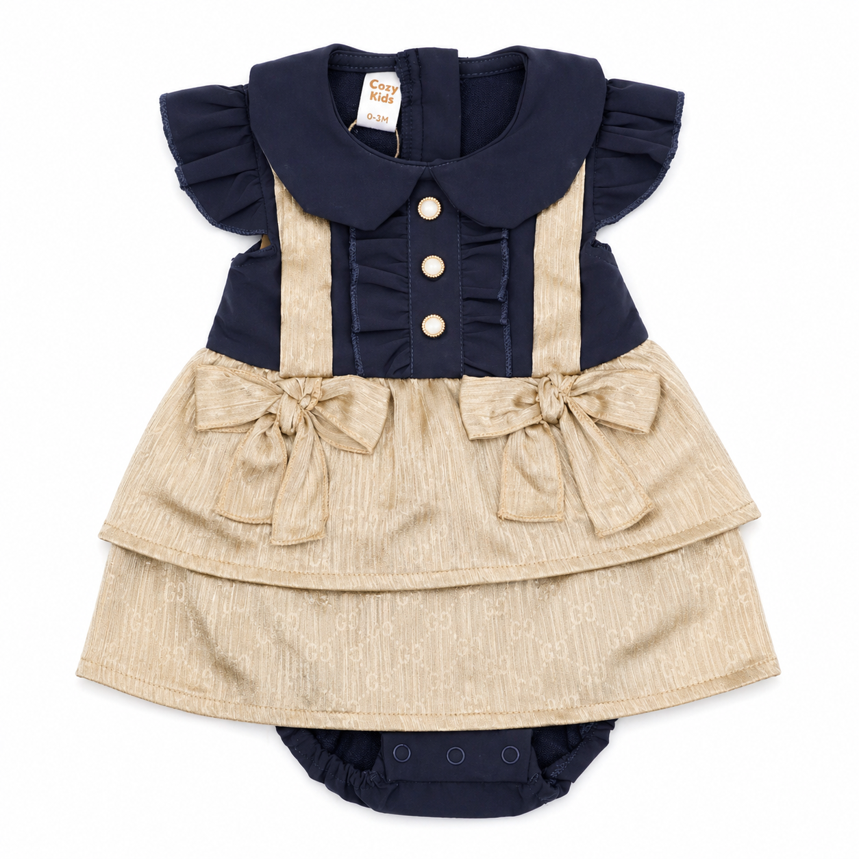Baby Girls Navy & Beige Bow Dress Romper Set