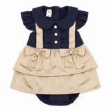 Baby Girls Navy & Beige Bow Dress Romper Set