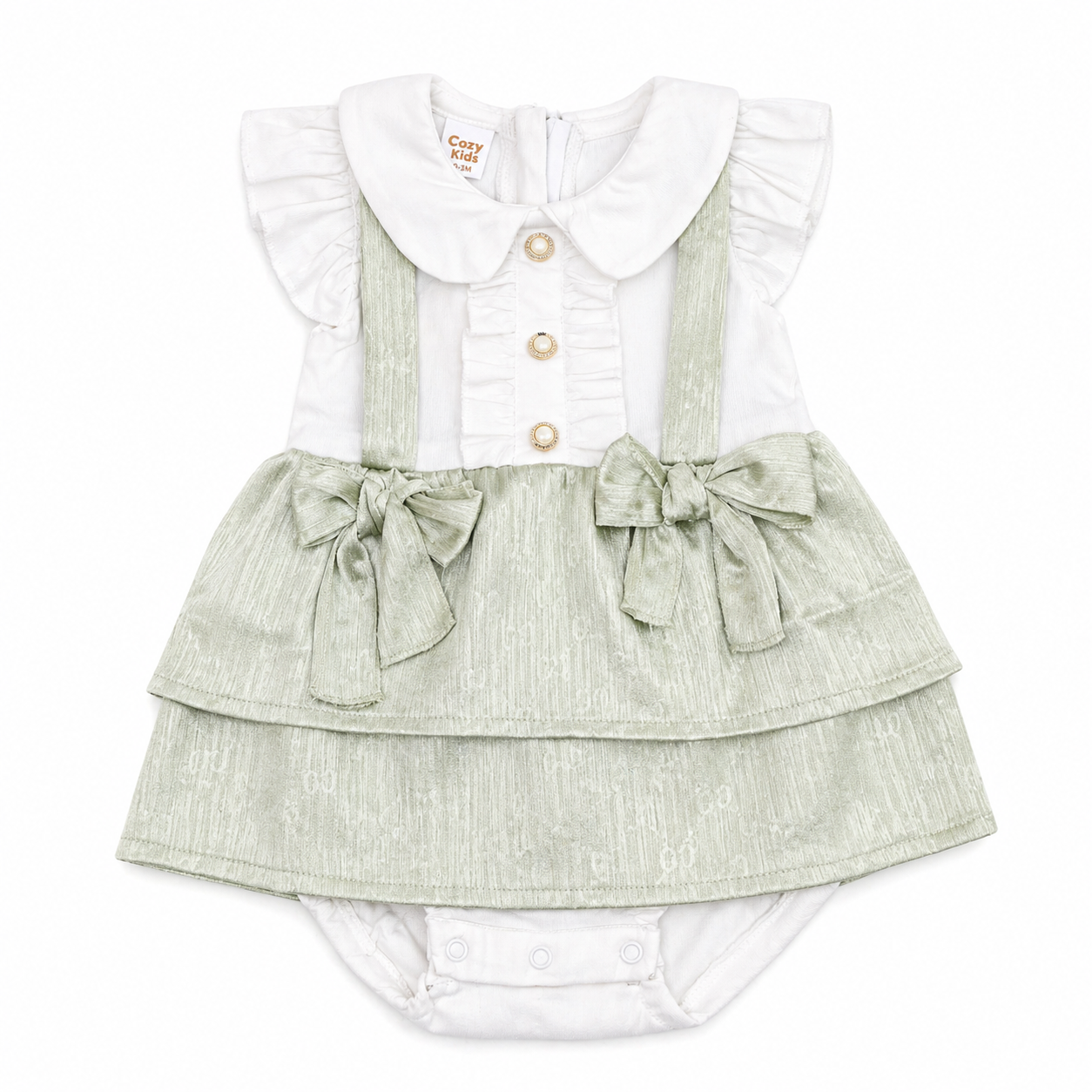 Baby Girls White & Mint Bow Dress Romper Set