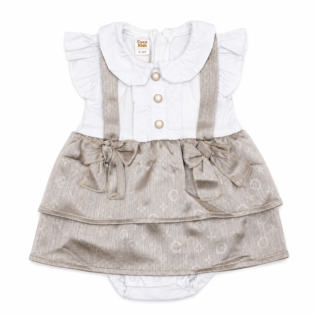 Baby Girls White & Beige Bow Dress Romper Set