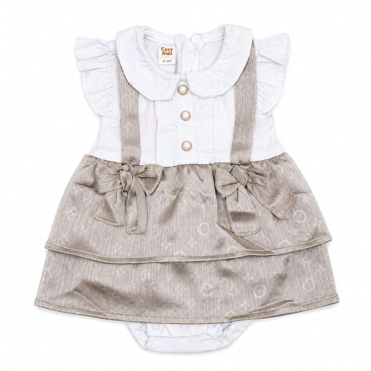 Baby Girls White & Beige Bow Dress Romper Set