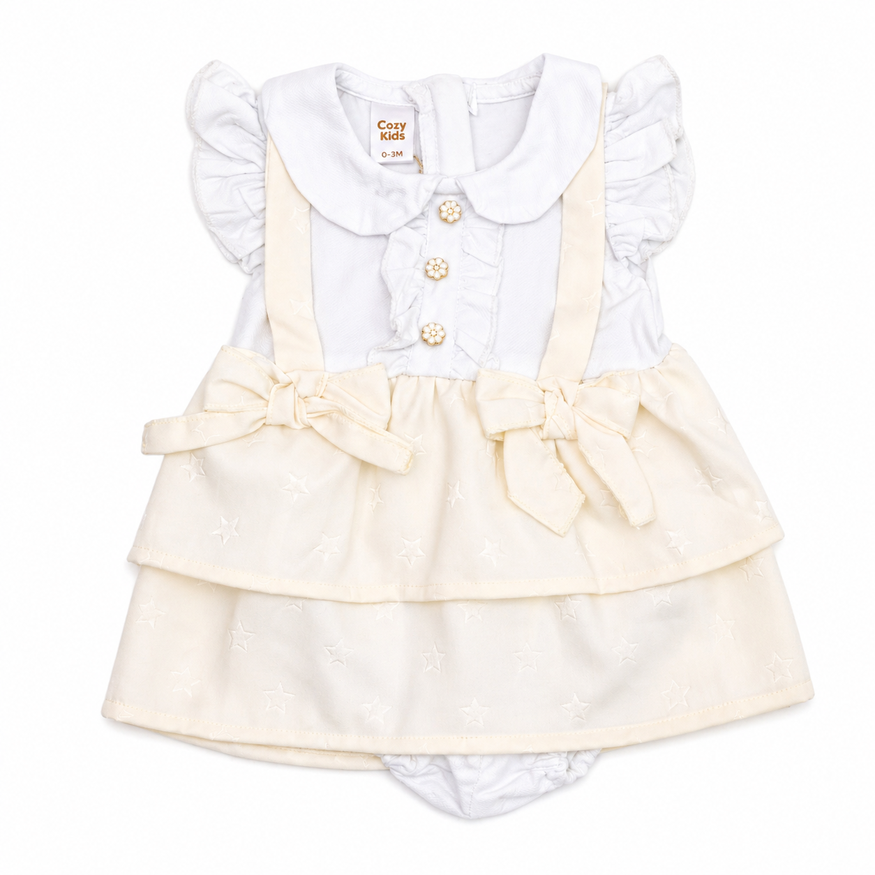 Baby Girls White & Cream Star Bow Dress Romper Set
