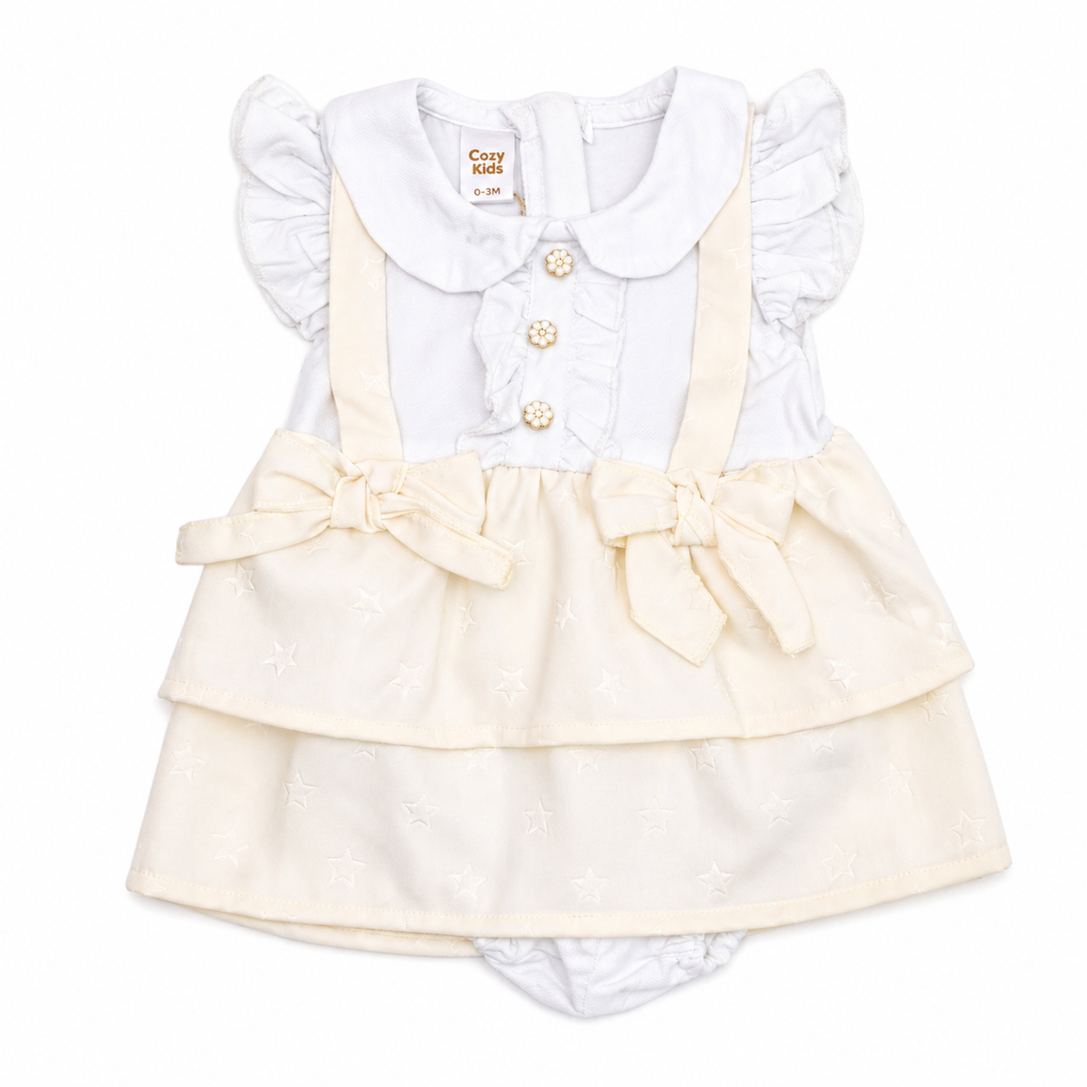 Baby Girls White & Cream Star Bow Dress Romper Set