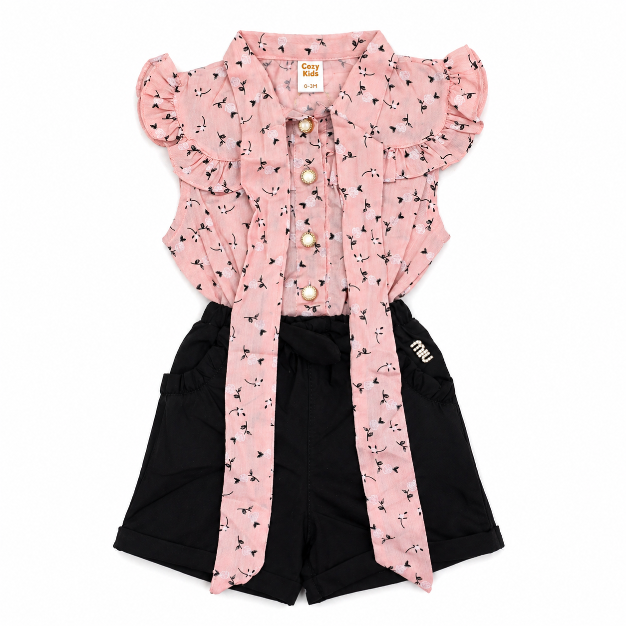 Baby Girls Pink Floral Top & Black Shorts Set