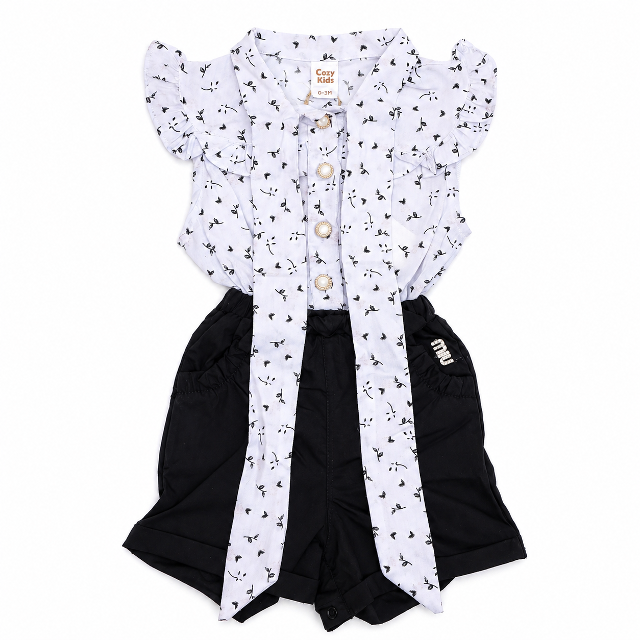 Baby Girls White Floral Top & Black Shorts Set