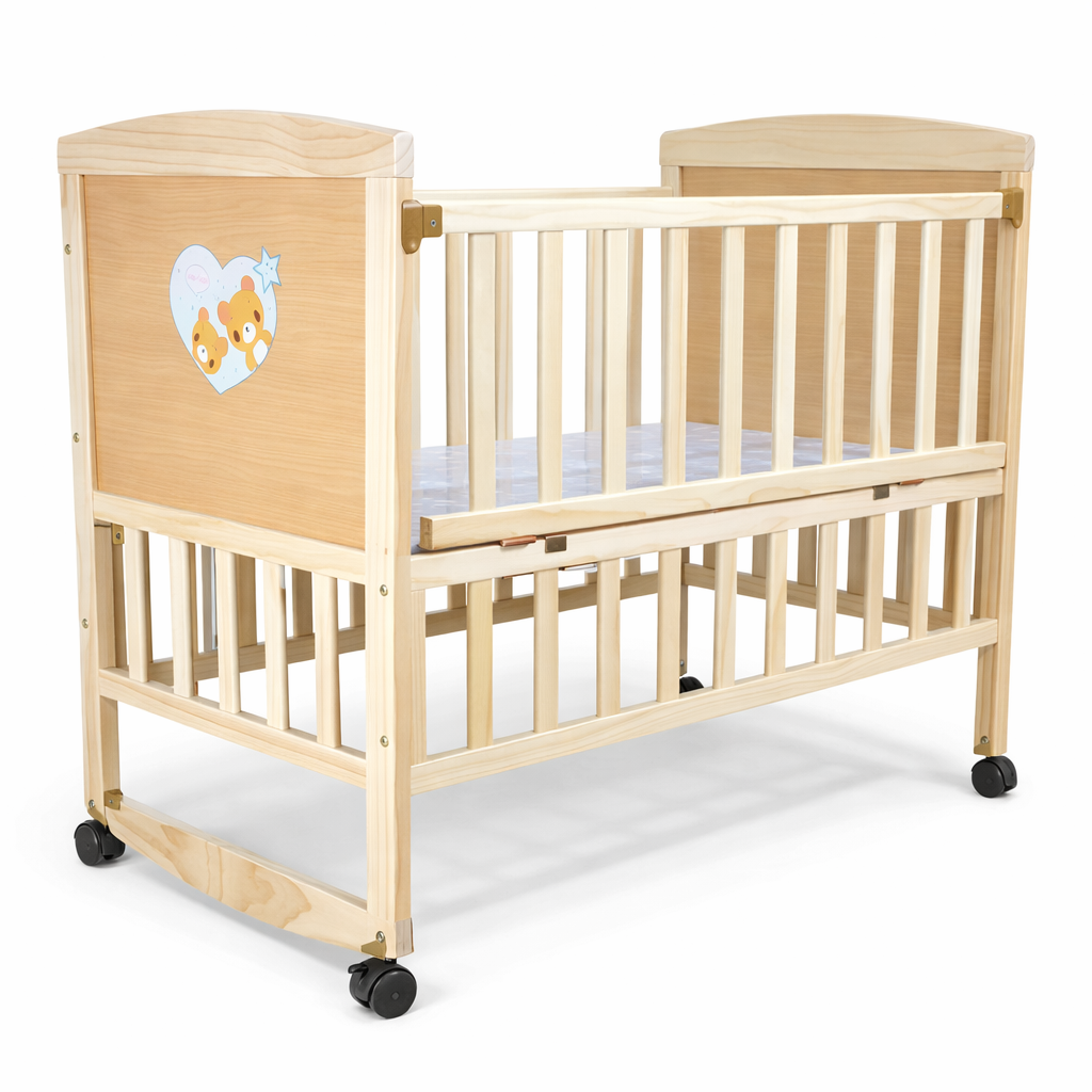 Baby Wooden Cot with Cartoon Design & Lockable Wheels