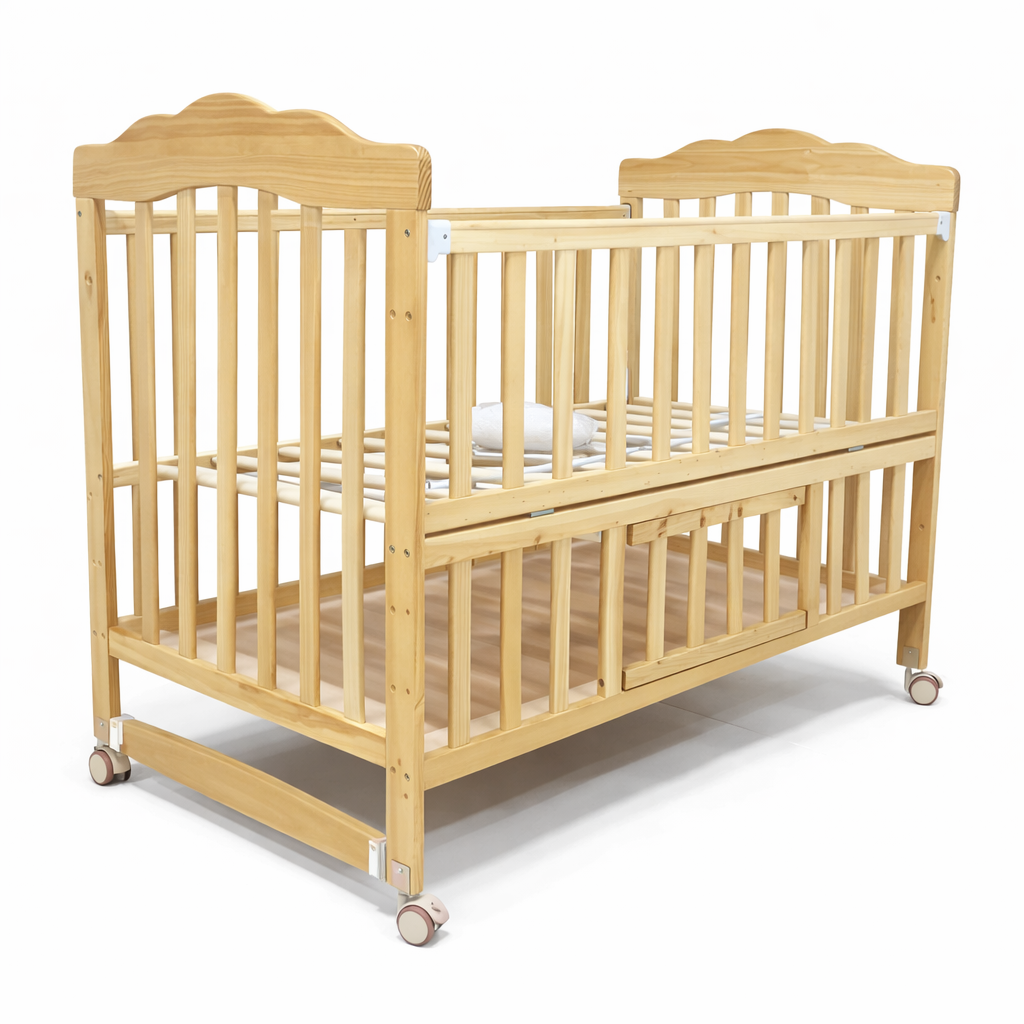 Wooden Baby Cot with Wheels & Adjustable Side Rail