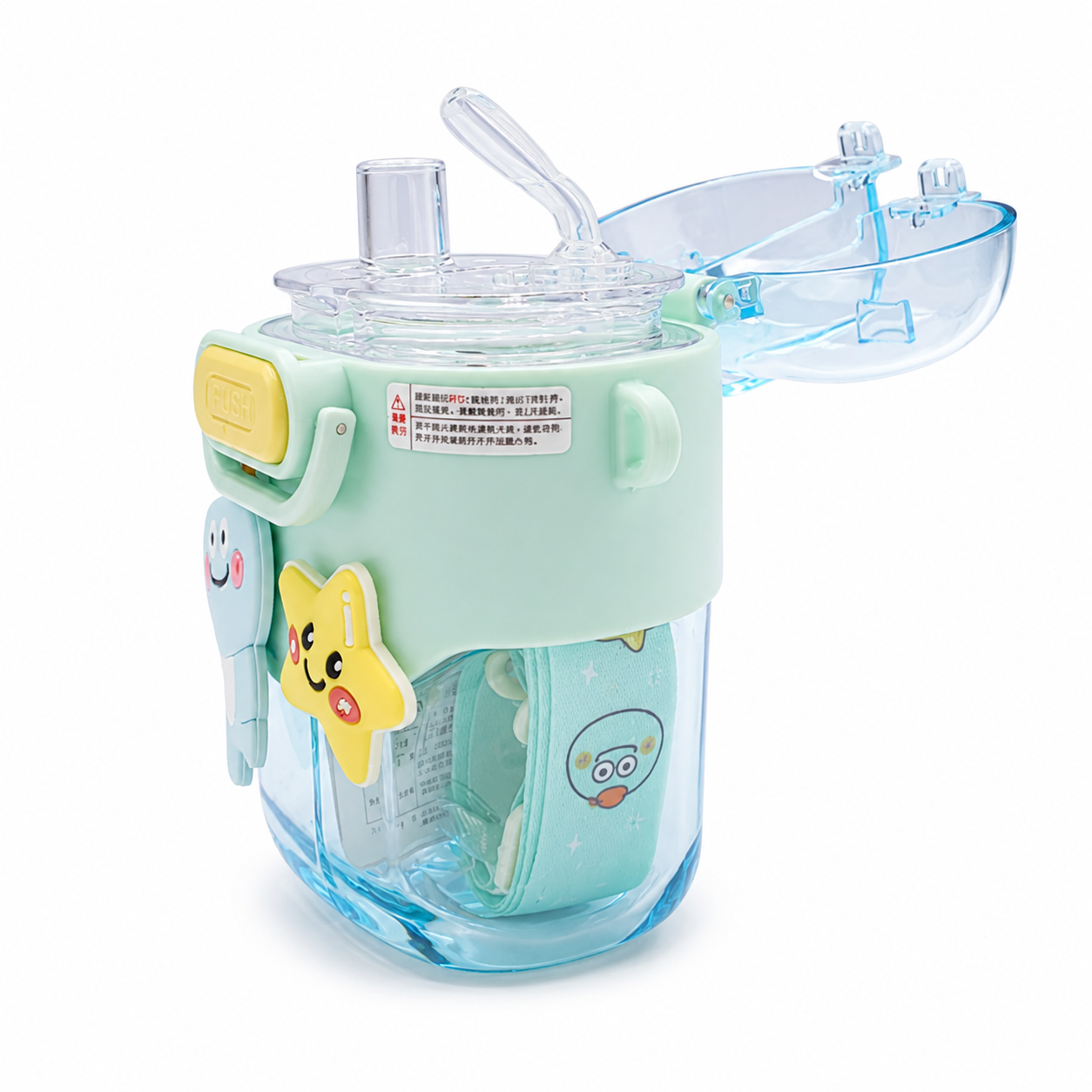 Cute Bear Dual Compartment Kids Water Bottle with Straw Blue & Mint