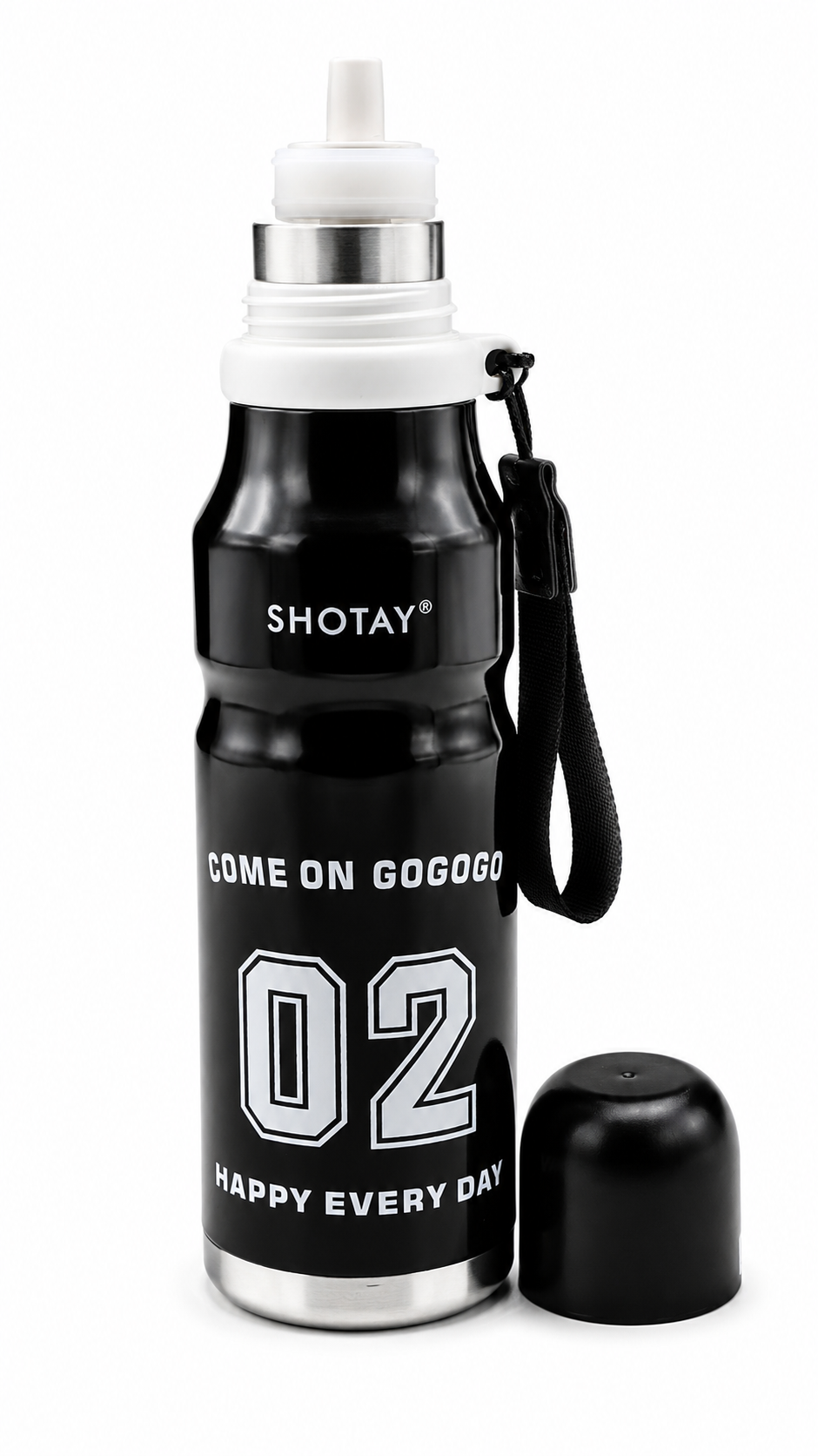 SHOTAY Stainless Steel Insulated Sports Water Bottle with Straw Black