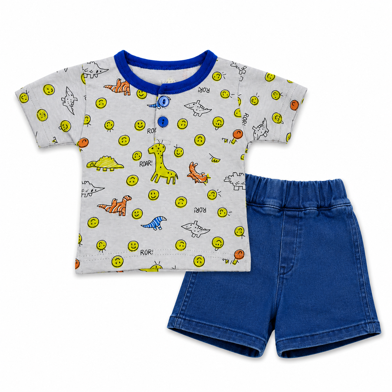 Dinosaur Print Boys T Shirt & Shorts Set Grey & Blue by Little Darling