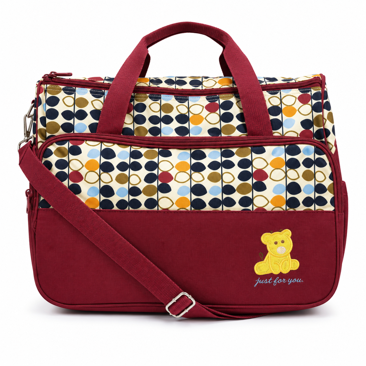 Baby Diaper Bag with Teddy Bear Embroidery Maroon by Large Capacity