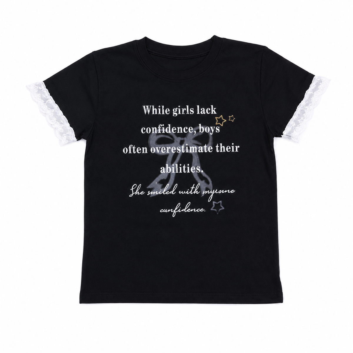 Girls Black Lace Sleeve T-Shirt