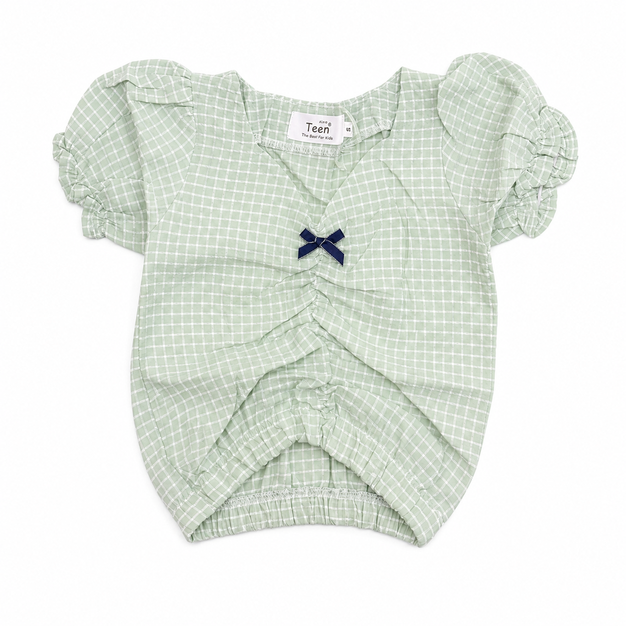Girls Mint Check Puff Sleeve Top