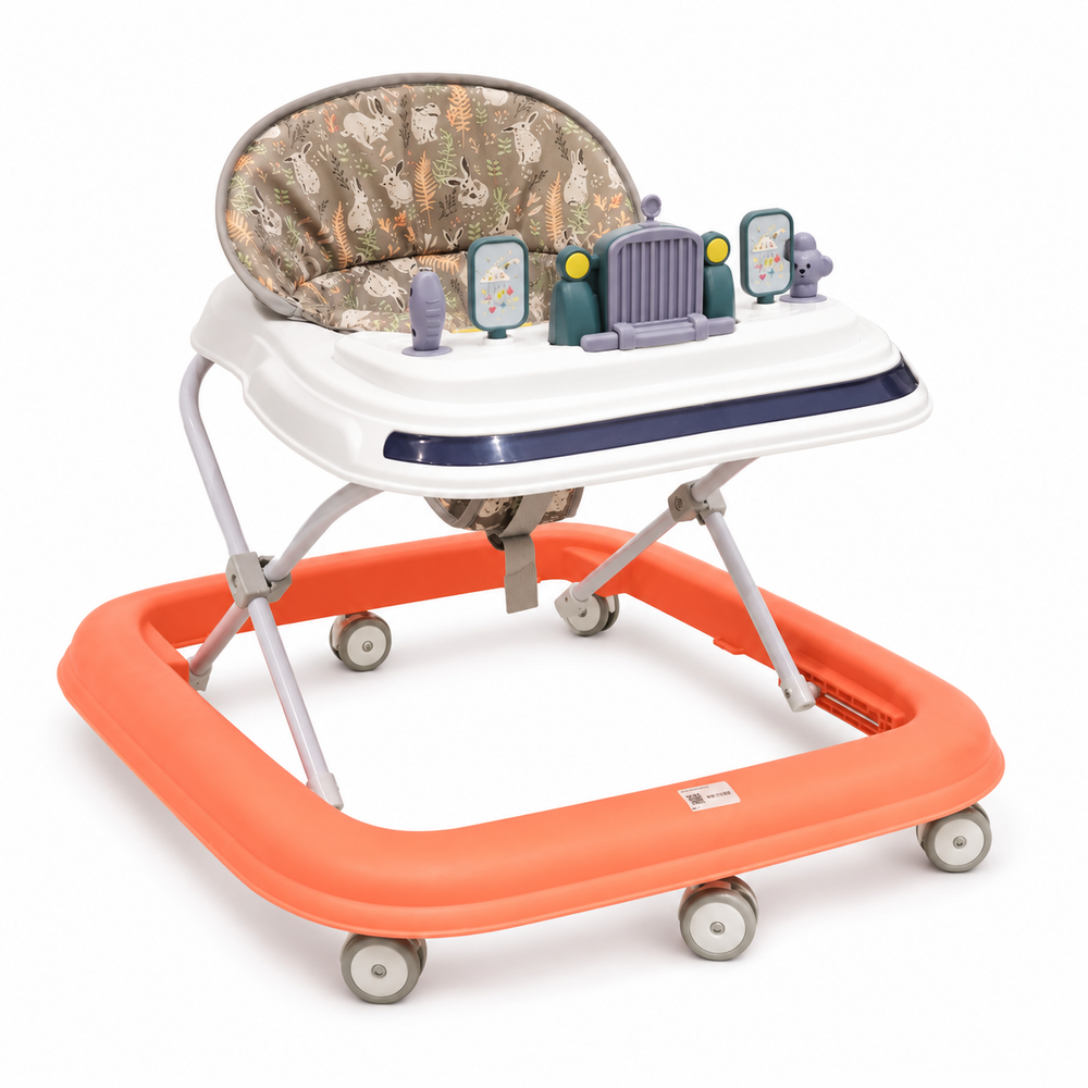 Baby walker with orange base and camouflage seat on a white background