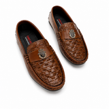 Premium Woven Leather Loafers – Brown Slip-On Formal Shoes