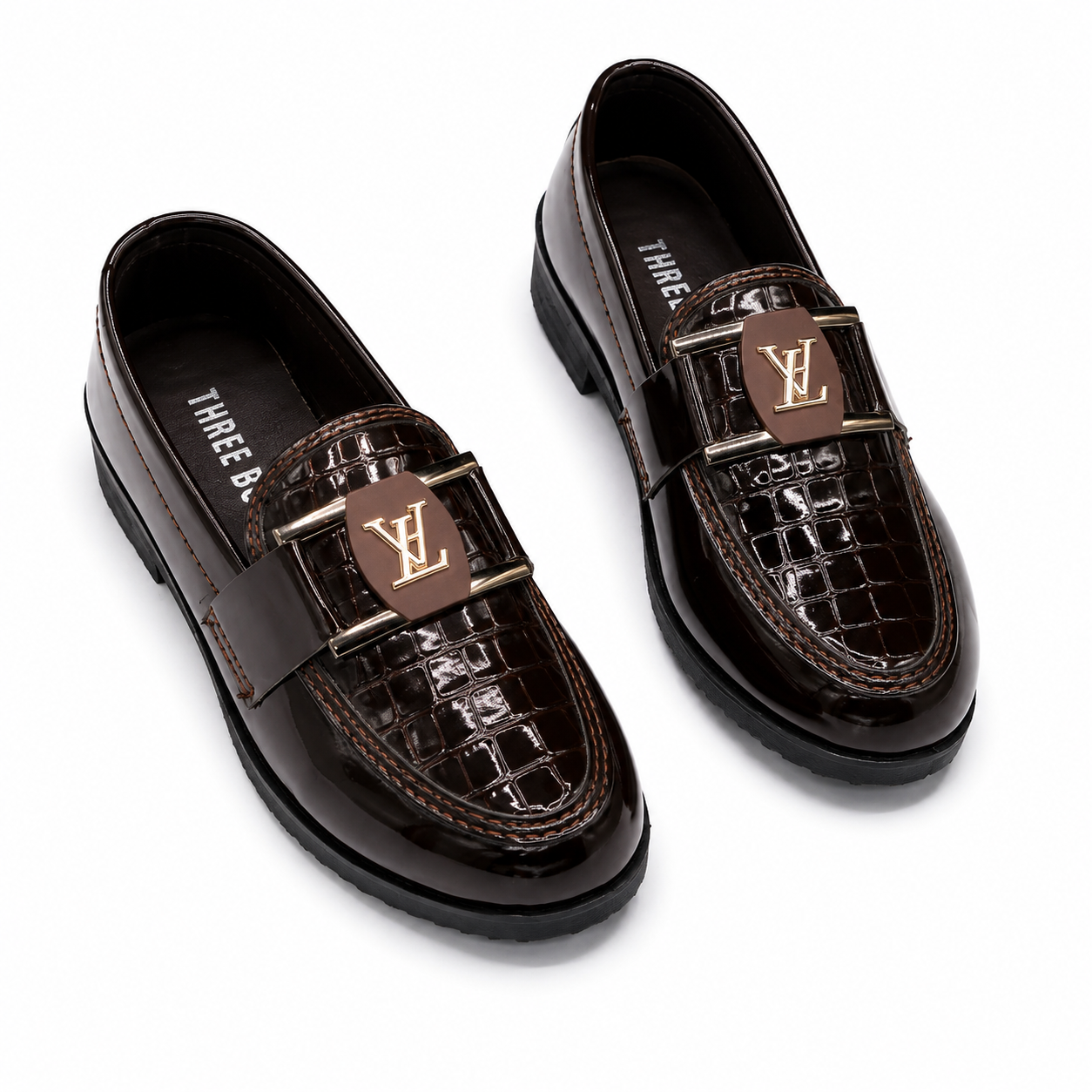 Luxury Croc-Pattern Patent Leather Loafers – Dark Brown