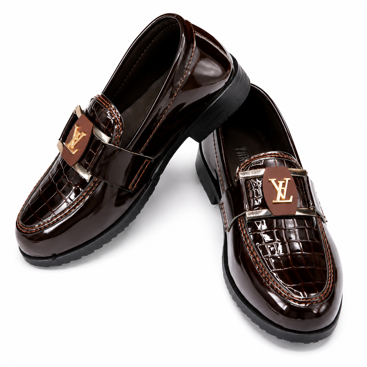 Luxury Croc-Pattern Patent Leather Loafers – Dark Brown