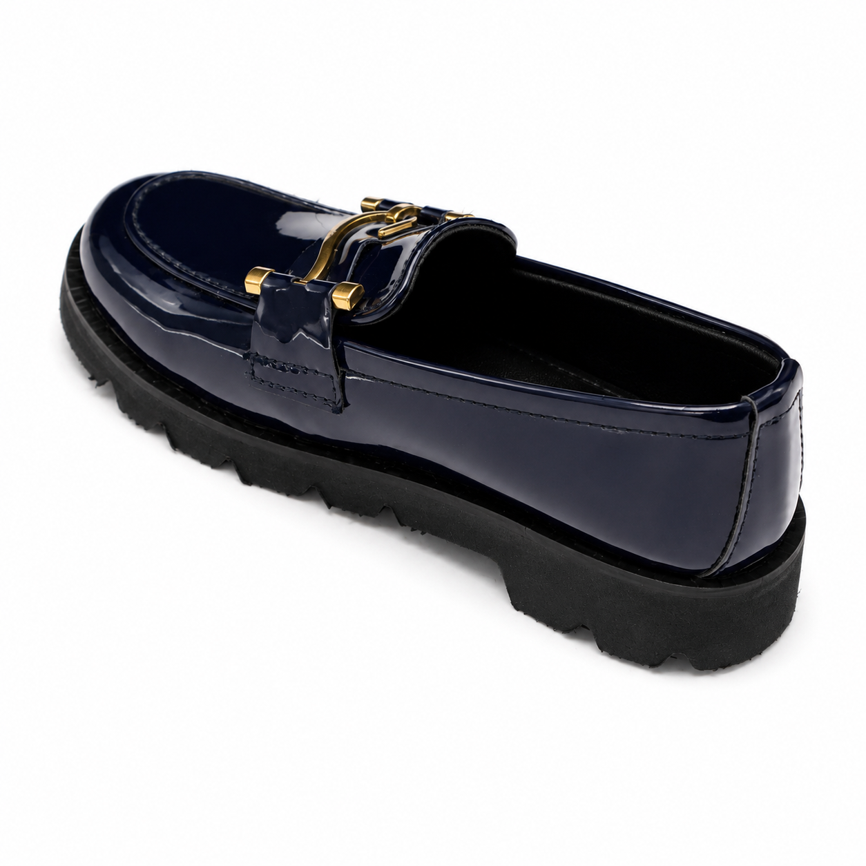 Midnight Blue Patent Loafers with Gold Horsebit Detail