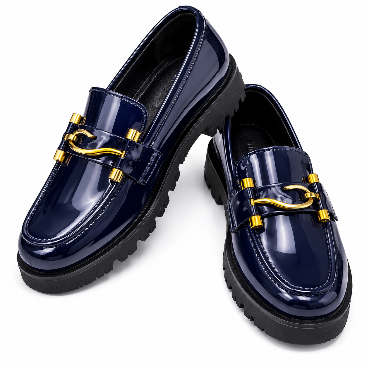 Midnight Blue Patent Loafers with Gold Horsebit Detail