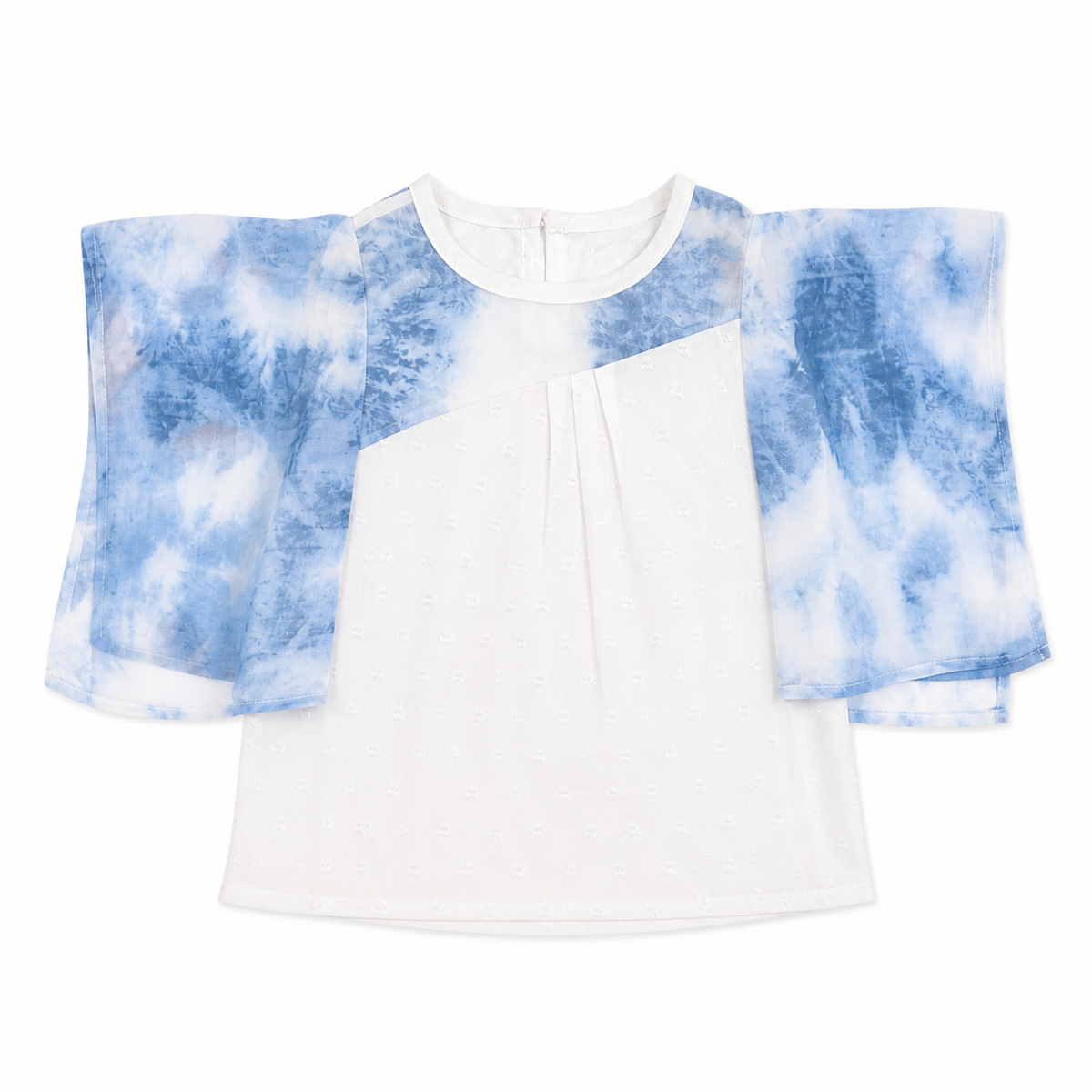 Girls White & Blue Tie-Dye Cape Sleeve Top