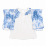 Girls White & Blue Tie-Dye Cape Sleeve Top