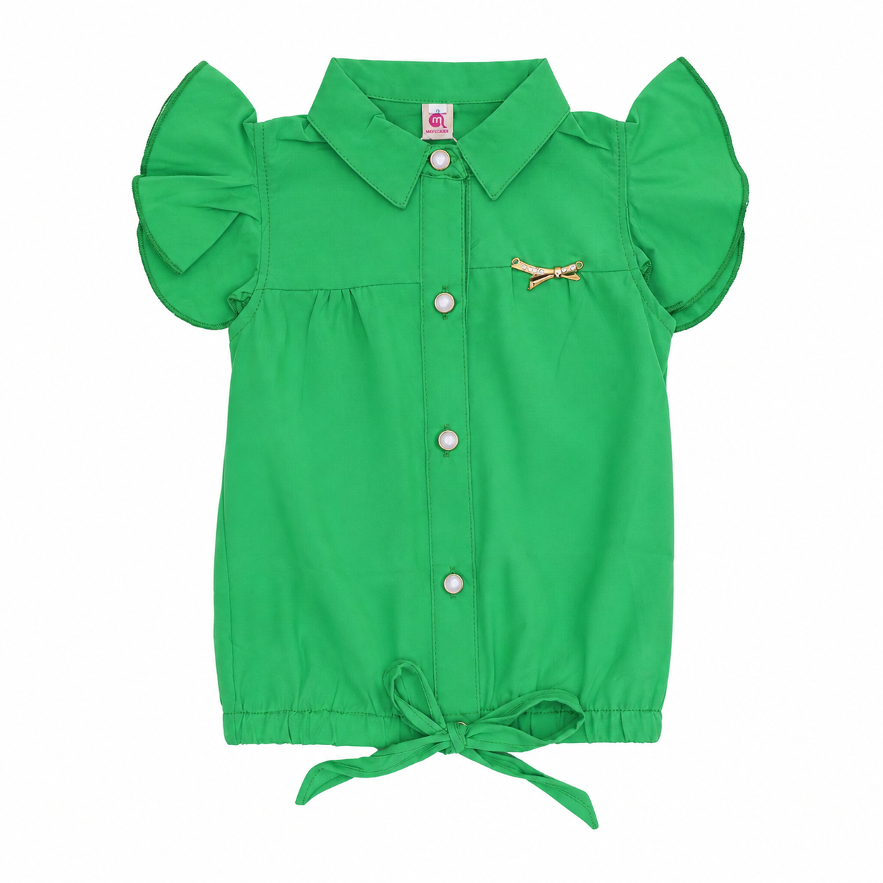 Girls Green Frill Sleeve Collared Top
