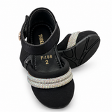 Girls Black Rhinestone Strap Party Shoes