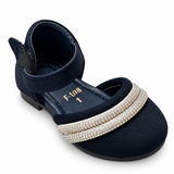 Girls Navy Blue Rhinestone Strap Party Shoes