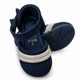 Girls Navy Blue Rhinestone Strap Party Shoes