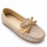 Girls Gold Glitter Bow Loafers Party Shoes