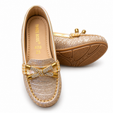 Girls Gold Glitter Bow Loafers Party Shoes