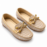 Girls Gold Glitter Bow Loafers Party Shoes