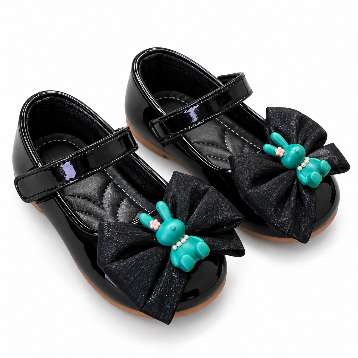 Girls Black Bow & Bunny Party Shoes