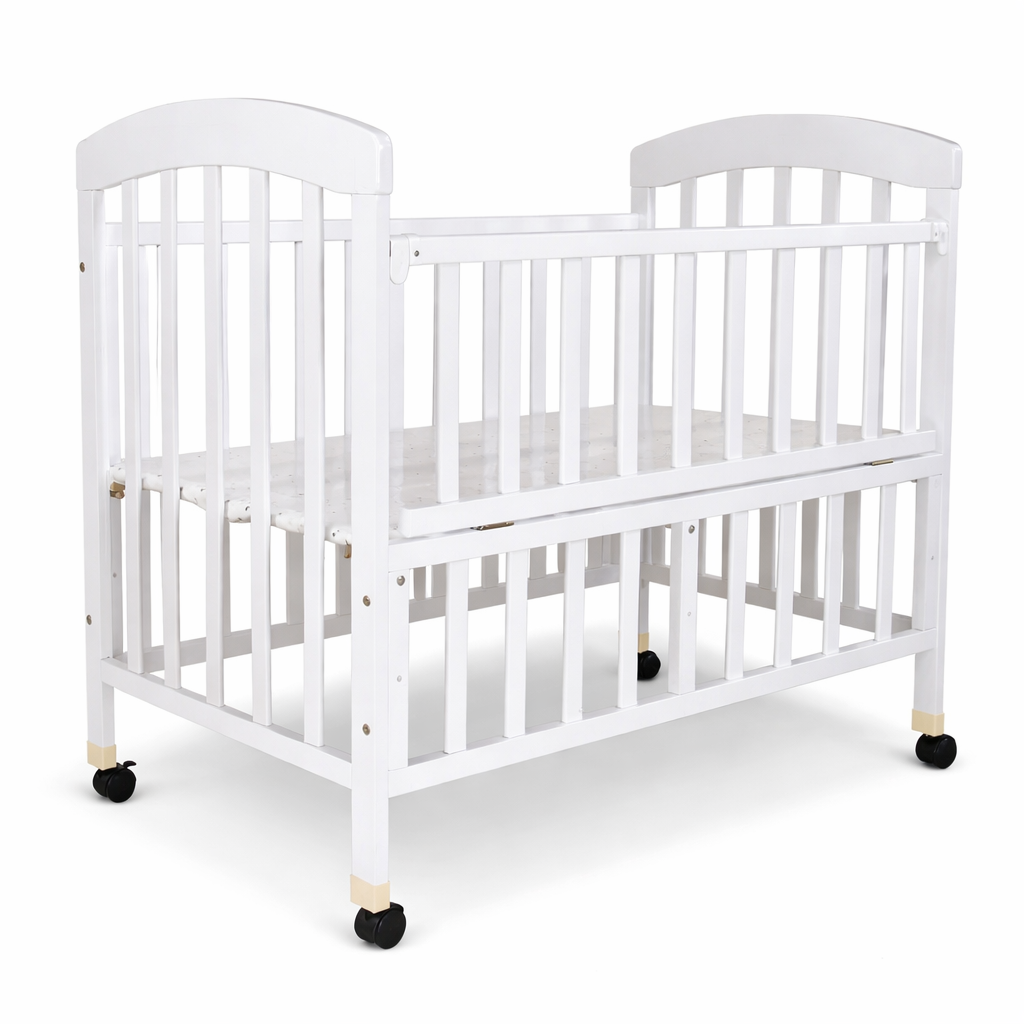 Adjustable Wooden Baby Cot with Wheels – White