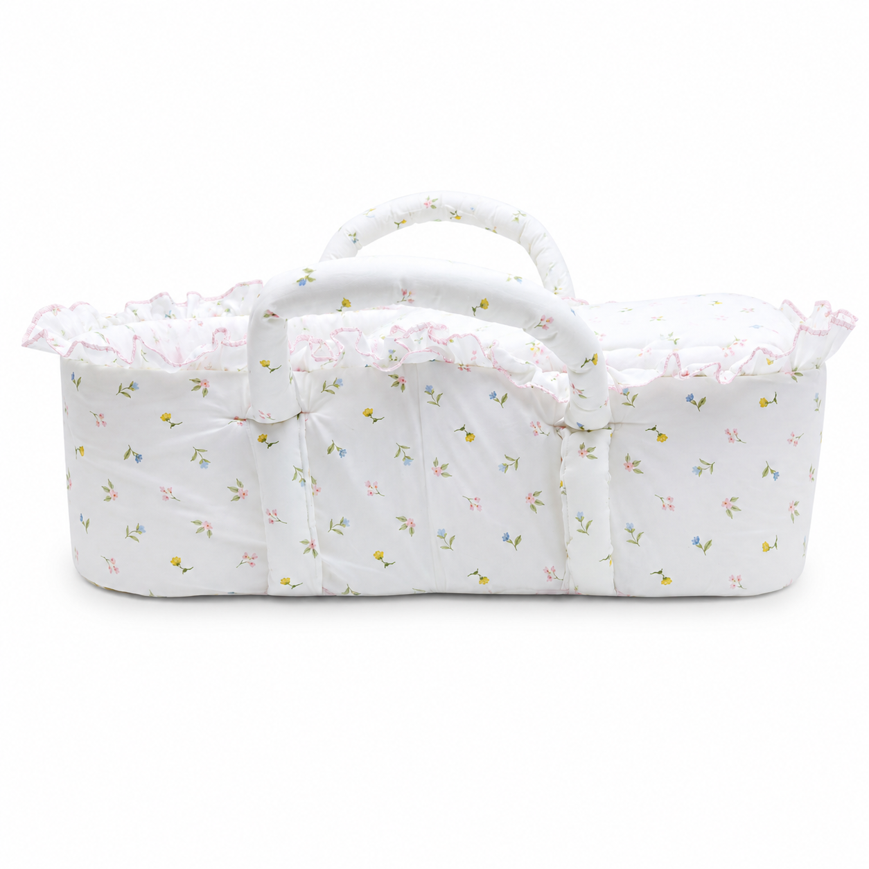 Infant Moses Basket with Floral Print & Frill Pink