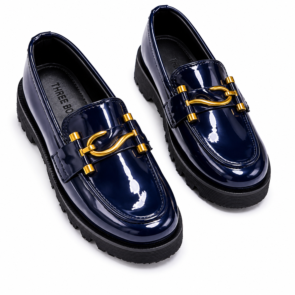 Midnight Blue Patent Loafers with Gold Horsebit Detail