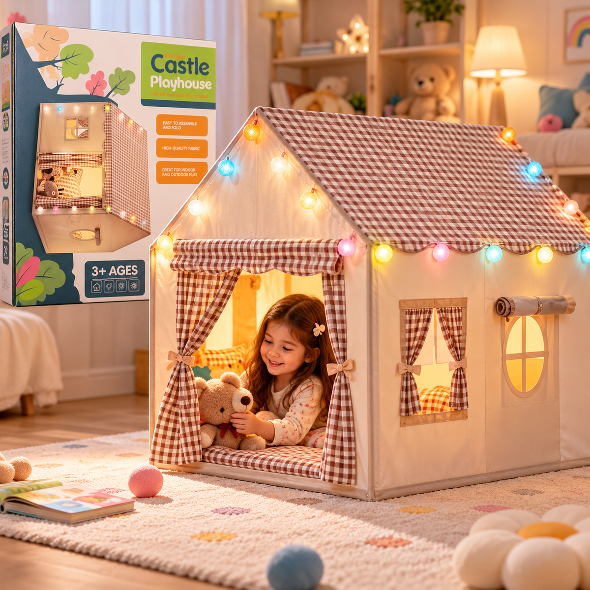 Kids Portable Playhouse Tent with Windows & Lights