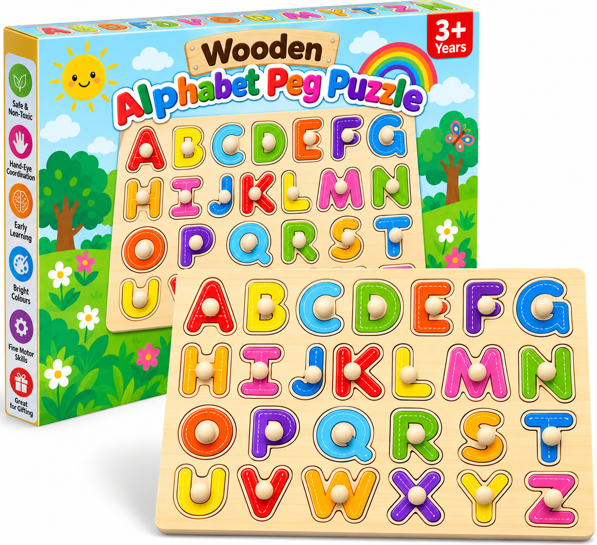 Wooden Alphabet Puzzle Board with Pegs for Kids