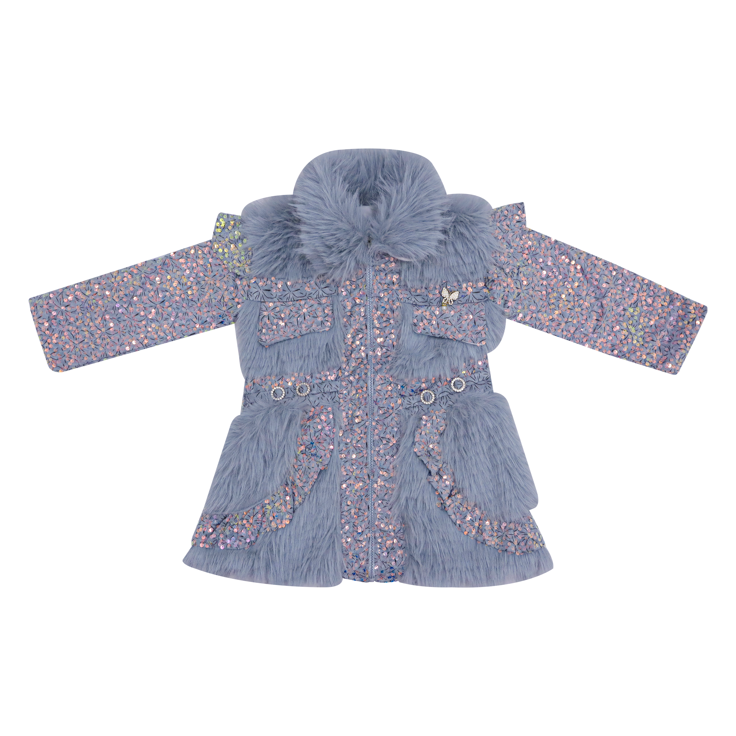 Girls Cozy Faux Fur Jacket & Denim Pants Set