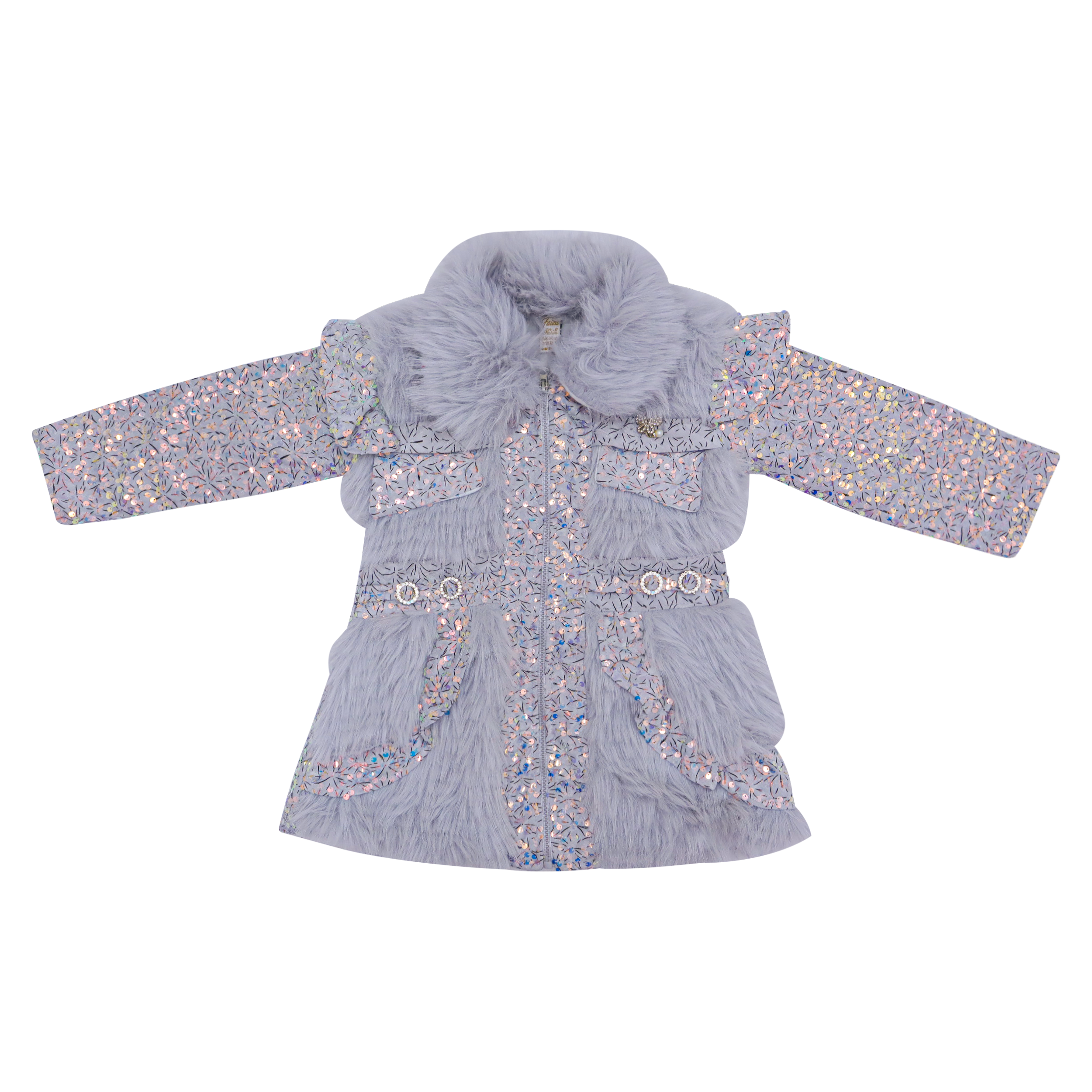 Girls Cozy Faux Fur Jacket & Denim Pants Set