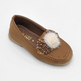 Girls Brown Fancy Pumps with Fur Flower