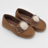 Girls Brown Fancy Pumps with Fur Flower